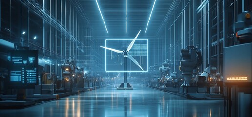 Fototapete - Futuristic factory interior with wind turbine, neon lights, and robots.