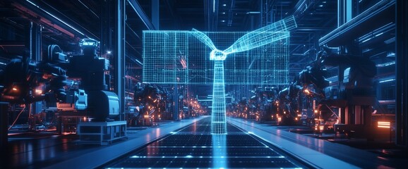 Fototapete - Futuristic factory with glowing blue digital structure in the center and rows of robotic arms.