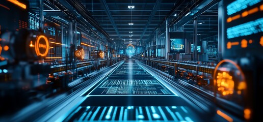 Fototapete - Futuristic factory with glowing digital displays and a long conveyor belt.