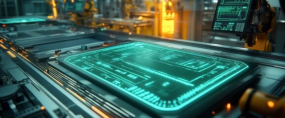 Fototapete - Futuristic factory with glowing blue screen.