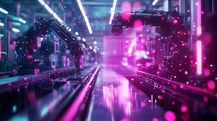 Fototapete - Futuristic factory with robotic arms working on a production line, illuminated by neon lights.