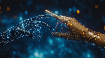Fototapete - An isolated blue background shows robots and humans reaching out to each other