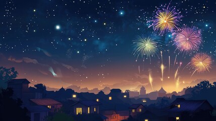 Fireworks in the night sky over a South Asian village, celebrating a festival with copy space