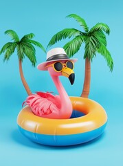 Poster - A pink flamingo with palm trees and accessories sits on a blue background with copy space. Rendering, illustration and photoshop in 3D. A summer vacation concept.