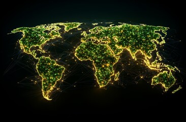 Canvas Print - An outline of the globe is created using glowing green lines, creating a futuristic world map