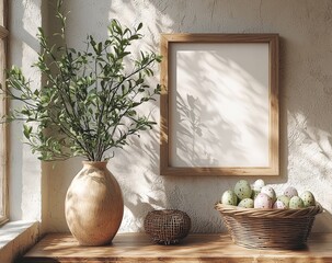 Poster - Vertical artwork template mockup of wood picture frame on white wall in modern interior. Mockup for artwork, painting, photo or poster in interior design with greenery.