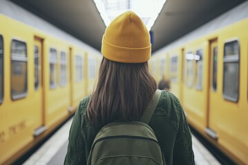 Yellow hat, green jacket, black bag, and a woman wearing yellow hat stand in front of yellow train