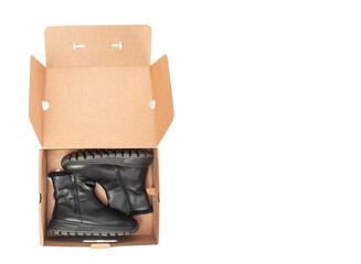 Pair winter boots in shoe box on a white background