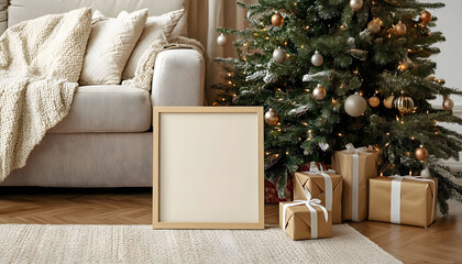 Wall Mural - Cozy living room during the holiday season featuring a freshly decorated Christmas tree, blank frame for wall art mockup and wrapped gifts.