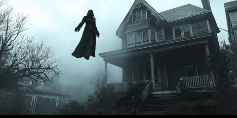 Ghost woman floating in front of haunted house on foggy night