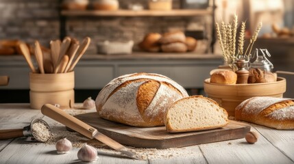 Freshly baked sourdough loaf with a crunchy crust and soft interior, placed on a rustic cutting board in a traditional bakery