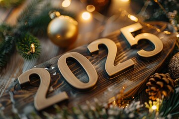 Decorative 2025 wooden numbers surrounded by festive ornaments on a wooden surface during the holiday season