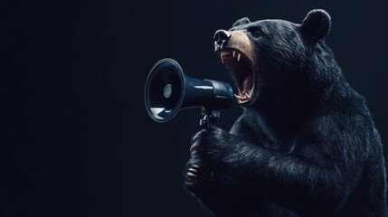 A giant black bear holds a loudspeaker and screams. On a homogeneous background. The concept of advertising and sales