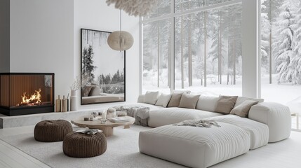 Wall Mural - White corner sofa near fireplace. Scandinavian home interior design of modern living room.