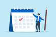 © VZ_Art - Flat illustration of businessman hold pencil marks important date on calendar reminding for meeting or launch deadline
