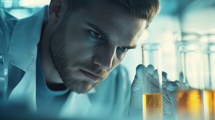 Medical or scientific researcher or man doctor looking at a test tube of clear solution in a laboratory