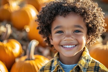 Smiling boy with curly hair standing in a pumpkin patch on a sunny day Generative AI