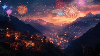 Vibrant fireworks over a South Asian mountain village, celebrating with bright colors and copy space