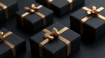 Black gift boxes placed on a dark background. An advertising poster