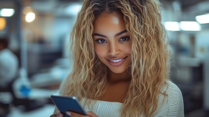 confident female entrepreneur smiling while using her smartphone in a sleek office environment reflecting positivity and modern business dynamics