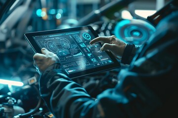 Auto mechanic using a digital tablet to check the status of the car