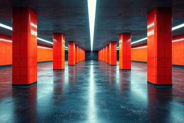 Sticker - Wet Concrete Tunnel with Red Tiled Columns and Fluorescent Lights