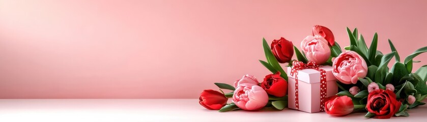 Beautiful arrangement of pink peonies and red tulips with gift box on pastel pink background.