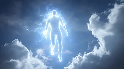 Wall Mural - surreal 3d model of glowing human figure in sky