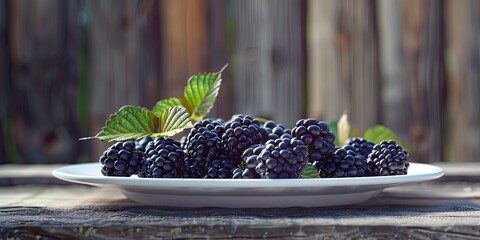 Wall Mural - Fresh blackberries on a white plate with green leaves.