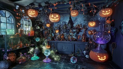 A spooky Halloween potion room with glowing pumpkins, bubbling potions, and spiderwebs hanging from the ceiling.