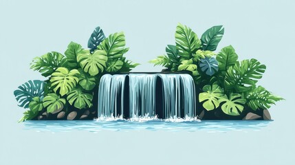 Wall Mural - waterfall surrounded by lush green tropical leaves, serene nature background.