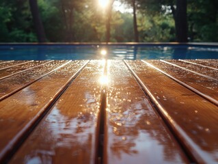 Wooden deck with water droplets on it