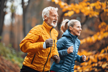 Retirement, couple and running fitness health for body and cardiovascular heart health . Married, Senior people enjoy a nature run together through the beautiful Autumn seasonal leaves.