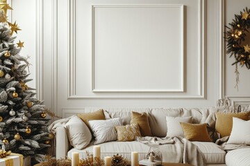 Empty white frame mockup on the wall of a Christmas-decorated living room, featuring light colors, gold accents, and a cozy atmosphere with a tree, candles, and yellow decor.