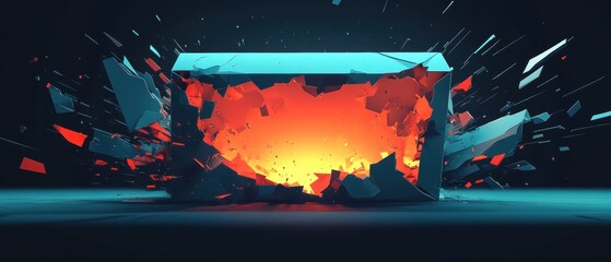 Wall Mural - Exploding box with fiery orange glow, dynamic energy, abstract art style.