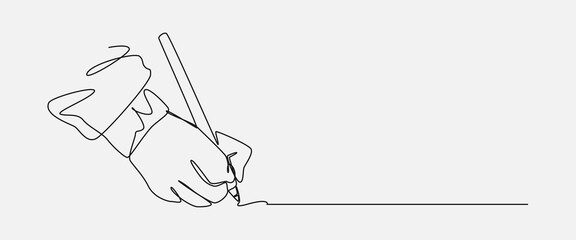 Continuous one line drawing of human hand writing using a pencil. Editable line. Isolated background. Vector illustration.