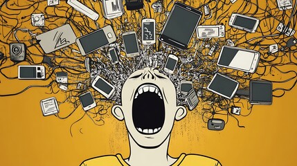 Cartoon Person Shouting Amidst Devices and Chaos