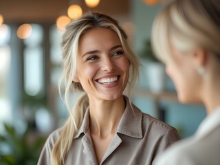 portrait of a businesswoman  - Smiling Woman in Casual Conversation: Friendly Interaction and Positive Atmosphere