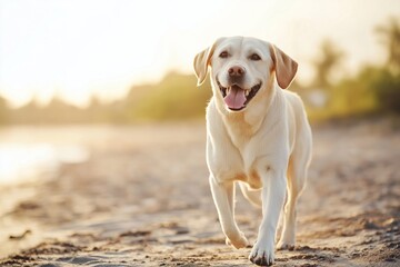 A joyful Labrador walks along a sunlit beach, exuding happiness and energy against a warm background.