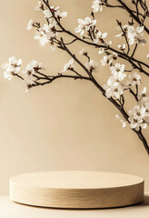 Wall Mural - Geometric Wooden Podium with Spring White Flowers on Pastel Beige - 8K Product Presentation Stand