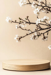 Wall Mural - Geometric Wooden Podium with Spring White Flowers on Pastel Beige - 8K Product Presentation Stand