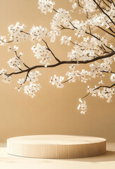 Wall Mural - Geometric Wooden Podium with Spring White Flowers on Pastel Beige - 8K Product Presentation Stand