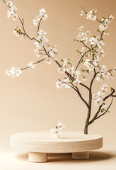 Wall Mural - Geometric Wooden Podium with Spring White Flowers on Pastel Beige - 8K Product Presentation Stand