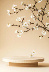 Wall Mural - Geometric Wooden Podium with Spring White Flowers on Pastel Beige - 8K Product Presentation Stand