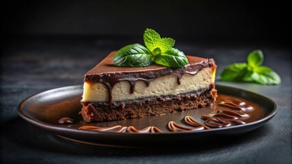 A decadent slice of chocolate cheesecake, adorned with a fresh mint garnish, sits on a rustic brown plate with a drizzle of chocolate sauce.