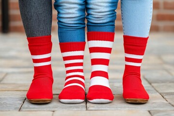 Colorful red socks with playful stripes, showcasing fun patterns on feet of different individuals against a rustic background.