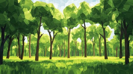 Low poly forest scene, vibrant green trees, stylized landscape, geometric design, serene atmosphere, immersive environment, nature-inspired artwork