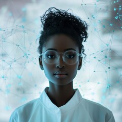 Young black woman in lab and global communication network concept. Wide angle visual for banners or advertisements.