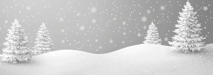 Vector illustration of light gray snowflakes falling on a serene snowy landscape, featuring small white Christmas trees against a soft gray gradient background, perfect for winter-themed projects or h