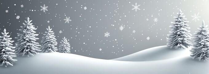 Vector illustration of light gray snowflakes falling on a serene snowy landscape, featuring small white Christmas trees against a soft gray gradient background, perfect for winter-themed projects or h